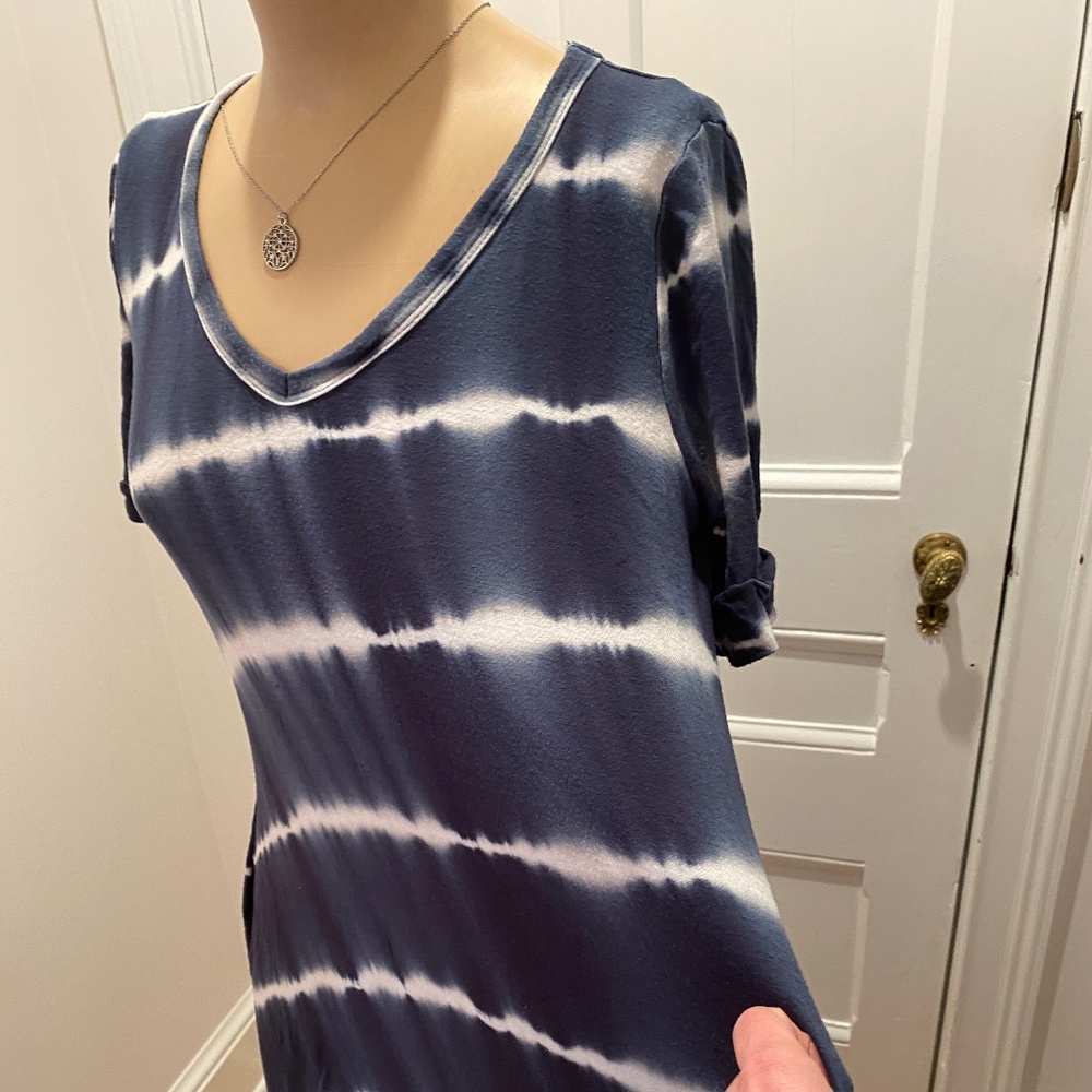 Miracle Berry Navy White Tie Dye Maxi Dress V Neck Short Sleeve Casual Flowy - Picture 3 of 13